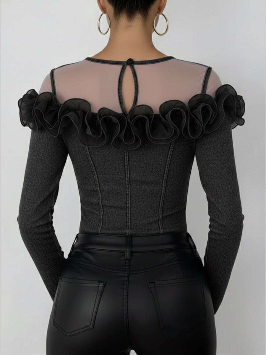 Haut en Denim Rétro avec Volants en Organza en Maille Patchwork