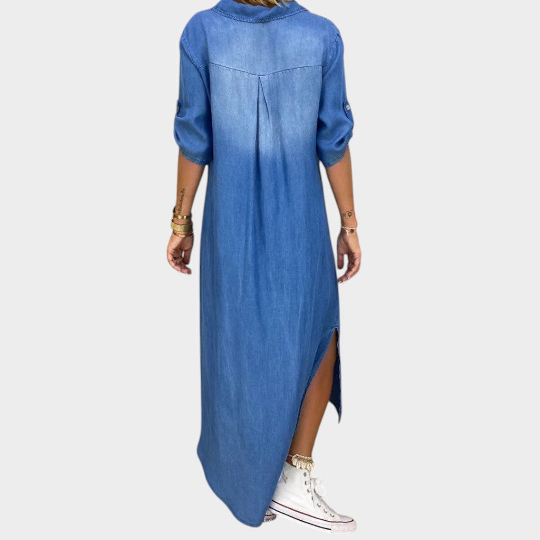 Lea™ | Robe longue en denim avec fente latérale