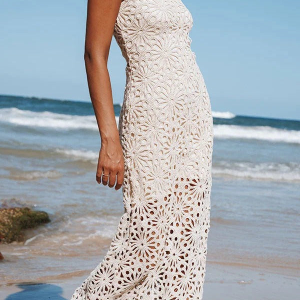 Robe Maxi Sans Dos à Lacets en Dentelle Florale au Crochet, Chic et Sans Effort