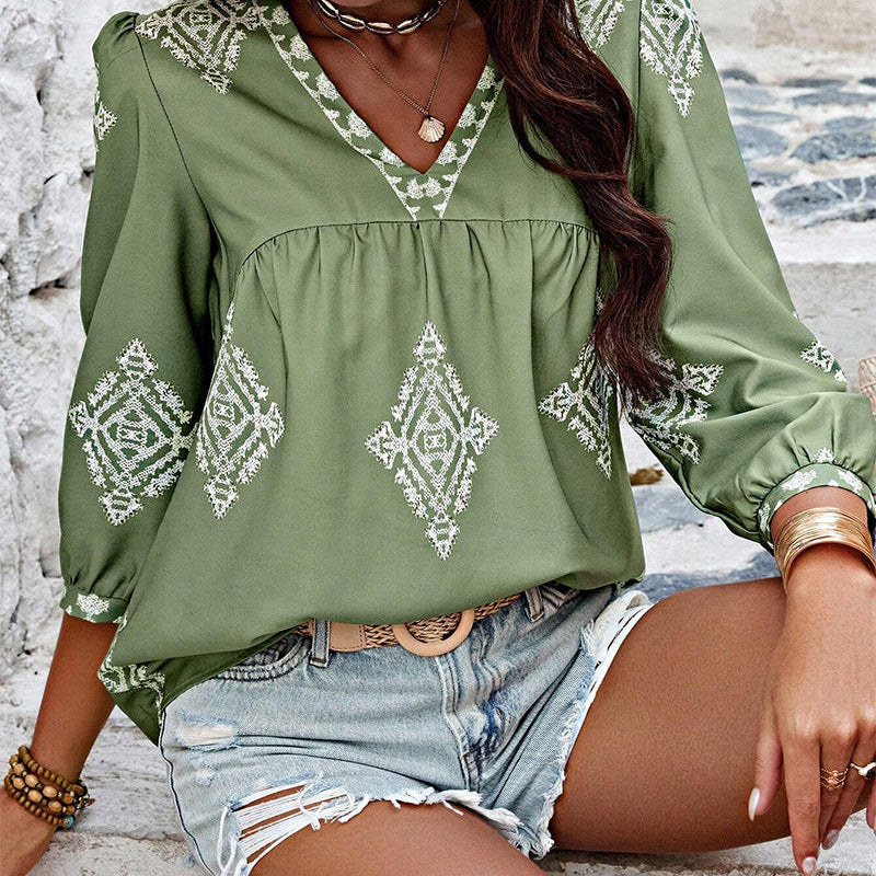 Blouse À Col En V Imprimé Diamant Manches Trois Quarts