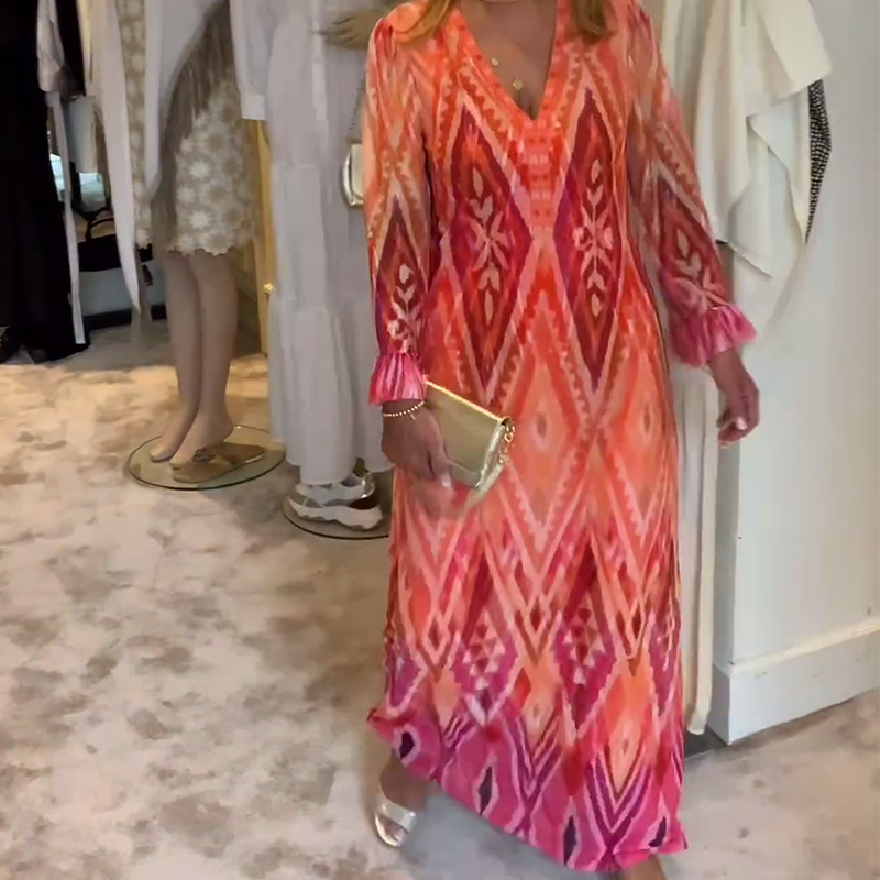 Robe à manches longues en V profond à imprimé géométrique rétro