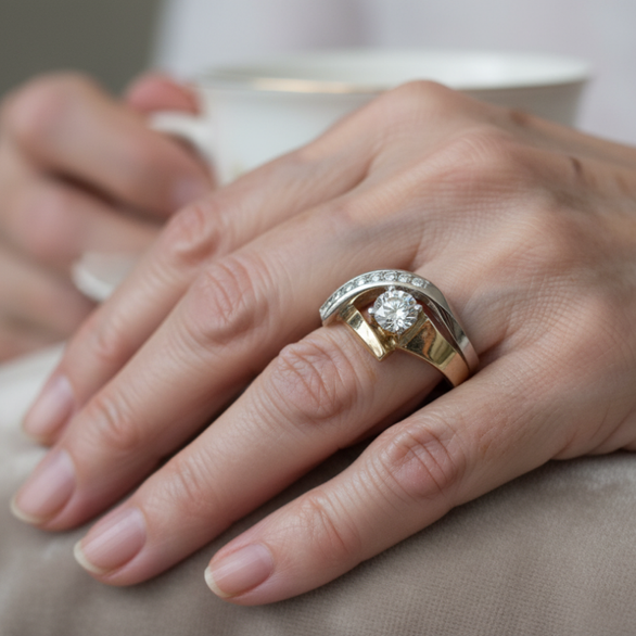 Bague vintage irrégulière en or et argent avec zircon