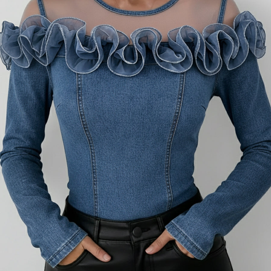 Haut en Denim Rétro avec Volants en Organza en Maille Patchwork