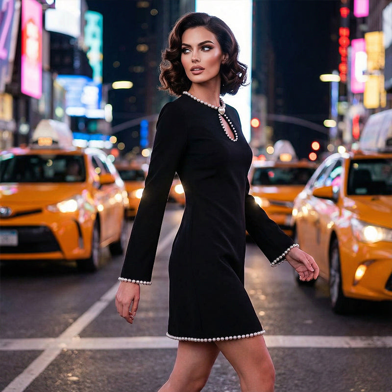 Robe fourreau courte à décolleté clé en fausse perle pour femmes – Élégance ajustée avec manches évasées et noir intemporel