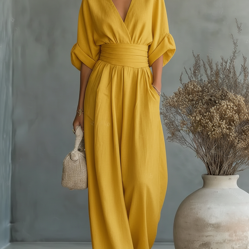 Combinaison élégante à col en V, taille haute et ample