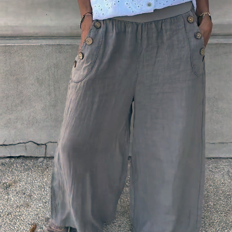Pantalon Décontracté En Coton Et Lin À Jambes Larges