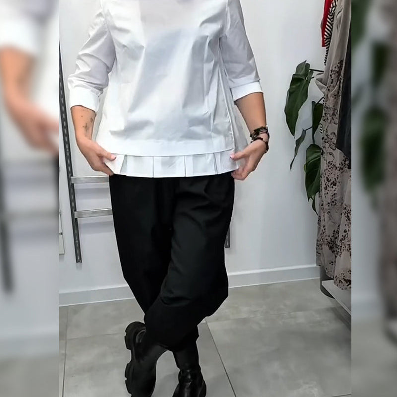 100% Coton Blouse Col Large Couleur Unie Décontracté