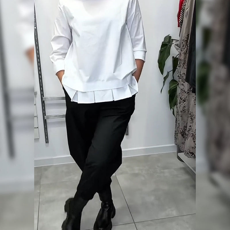 100% Coton Blouse Col Large Couleur Unie Décontracté