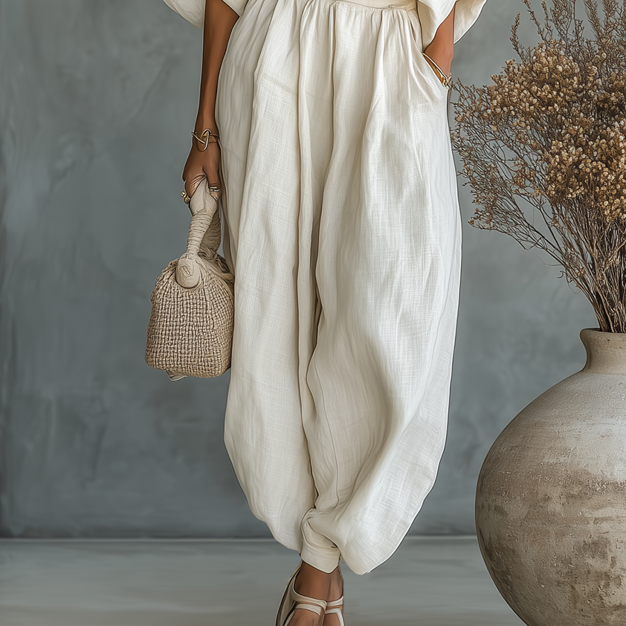 Ensemble Décontracté en Lin Blanc Cassé avec Haut Bardot et Pantalon Tapered pour Femmes