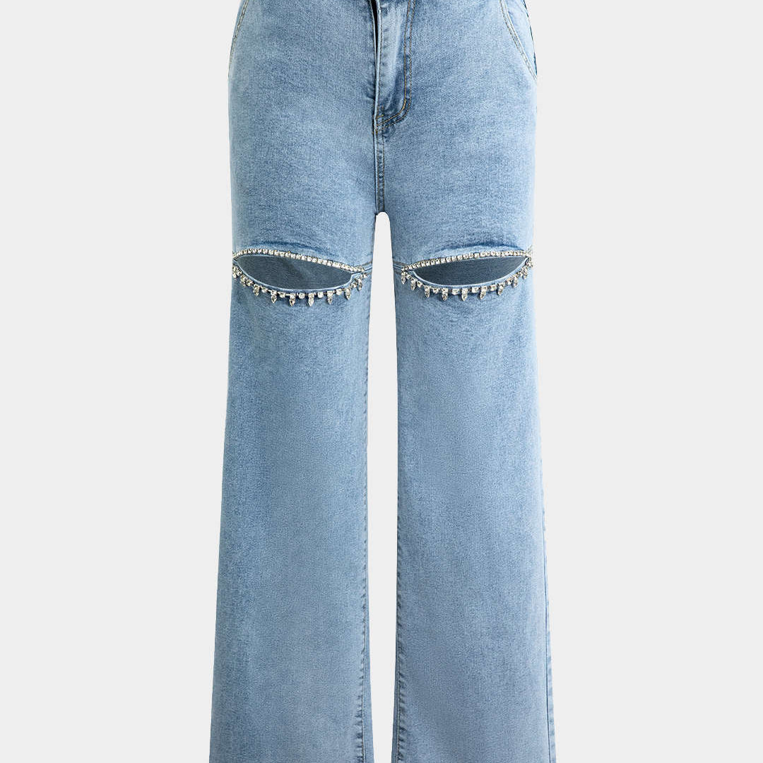 Jeans Evian Ripped Straight-Leg avec Rhinestones