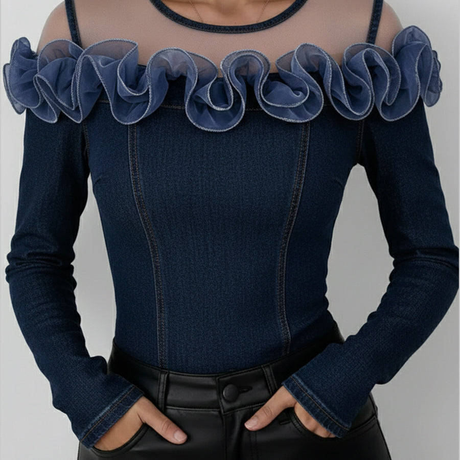 Haut en Denim Rétro avec Volants en Organza en Maille Patchwork