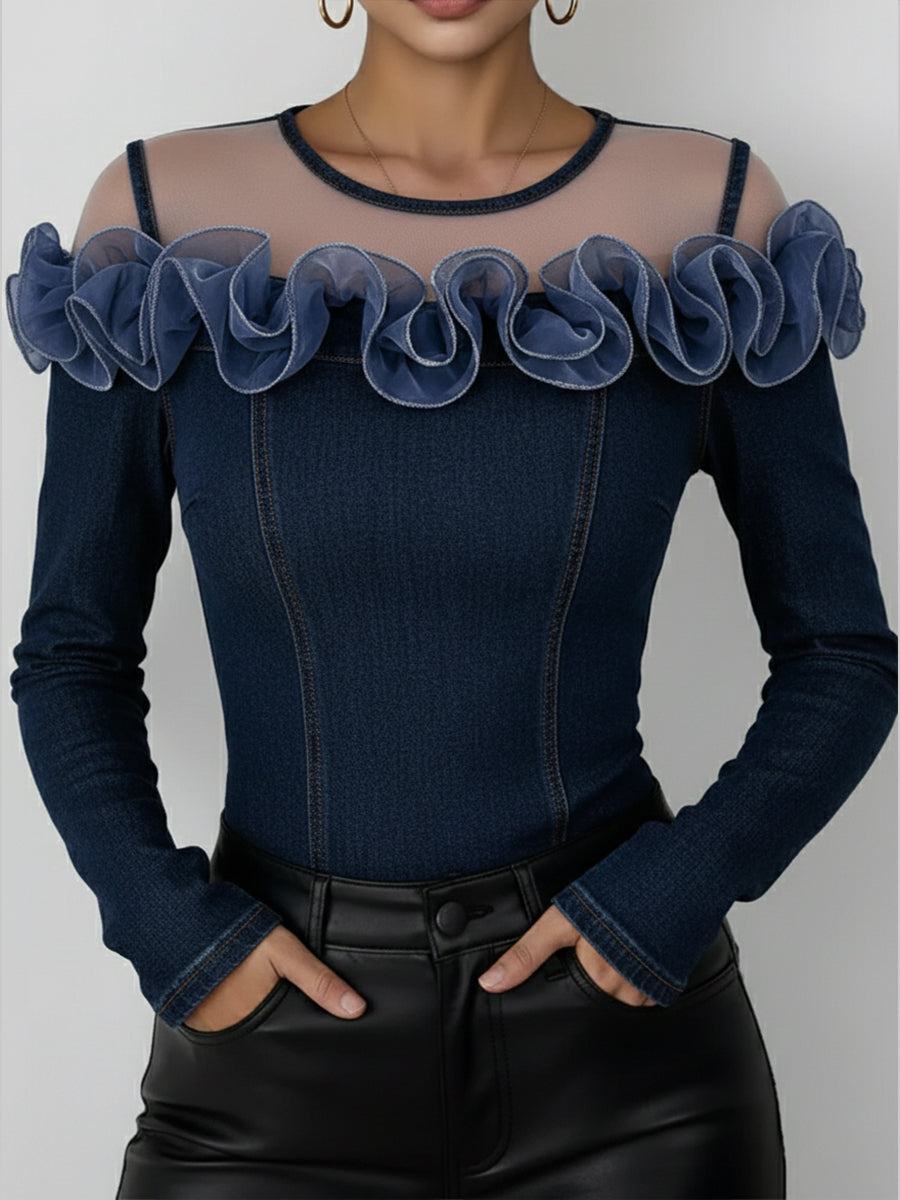 Haut en Denim Rétro avec Volants en Organza en Maille Patchwork