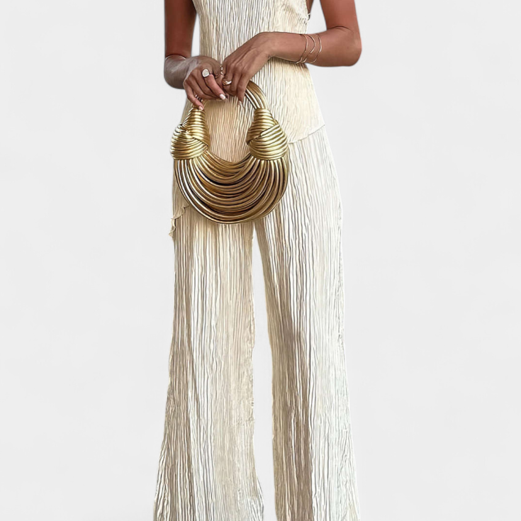 Ensemble Pilarica Plissé avec Top Asymétrique Halter et Pantalon Fluide