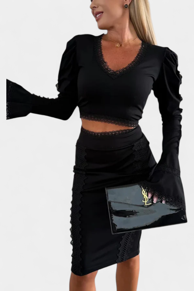 Minerva Ensemble Élégant de Top en Dentelle et Jupe Taille Haute
