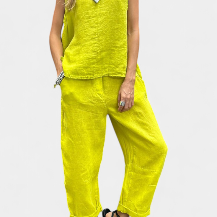 Leona Ensemble de Gilet et Pantalon Sans Manches en Coton Lin