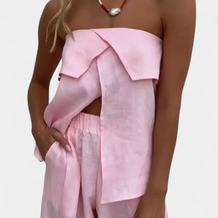 Oriana Ensemble Sans Bretelles avec Jupe à Fente en Couleur Unie